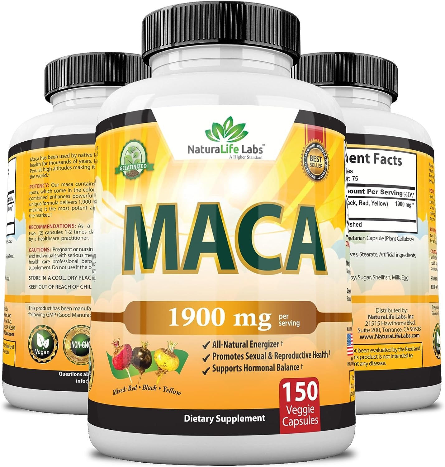 Organic Maca Root Black, Red, Yellow 1900 MG per Serving - 150 Vegan Capsules Pe