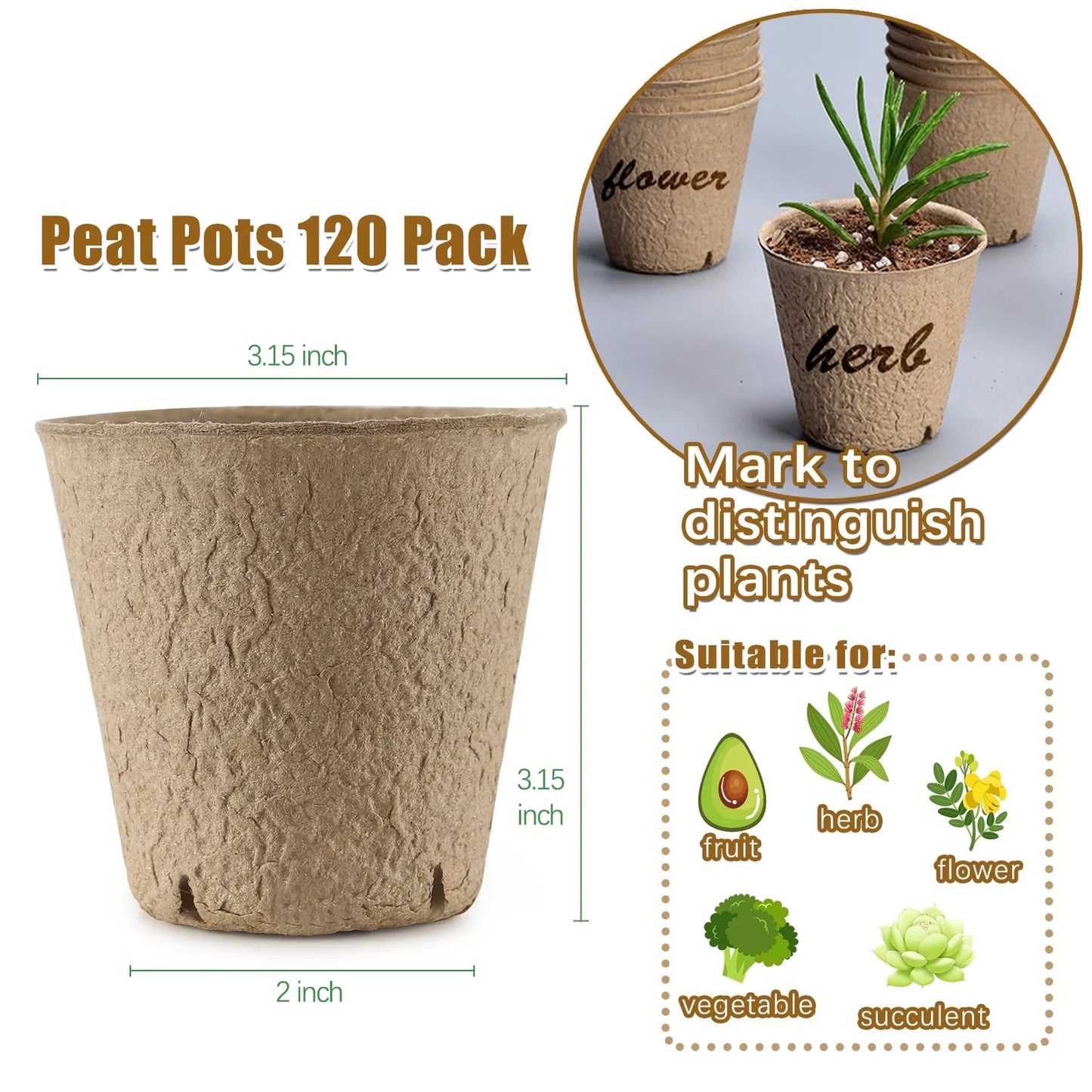 120 Pack Peat Pots for Seedlings, 3.15 Inch Biodegradable Seed Starter Planting