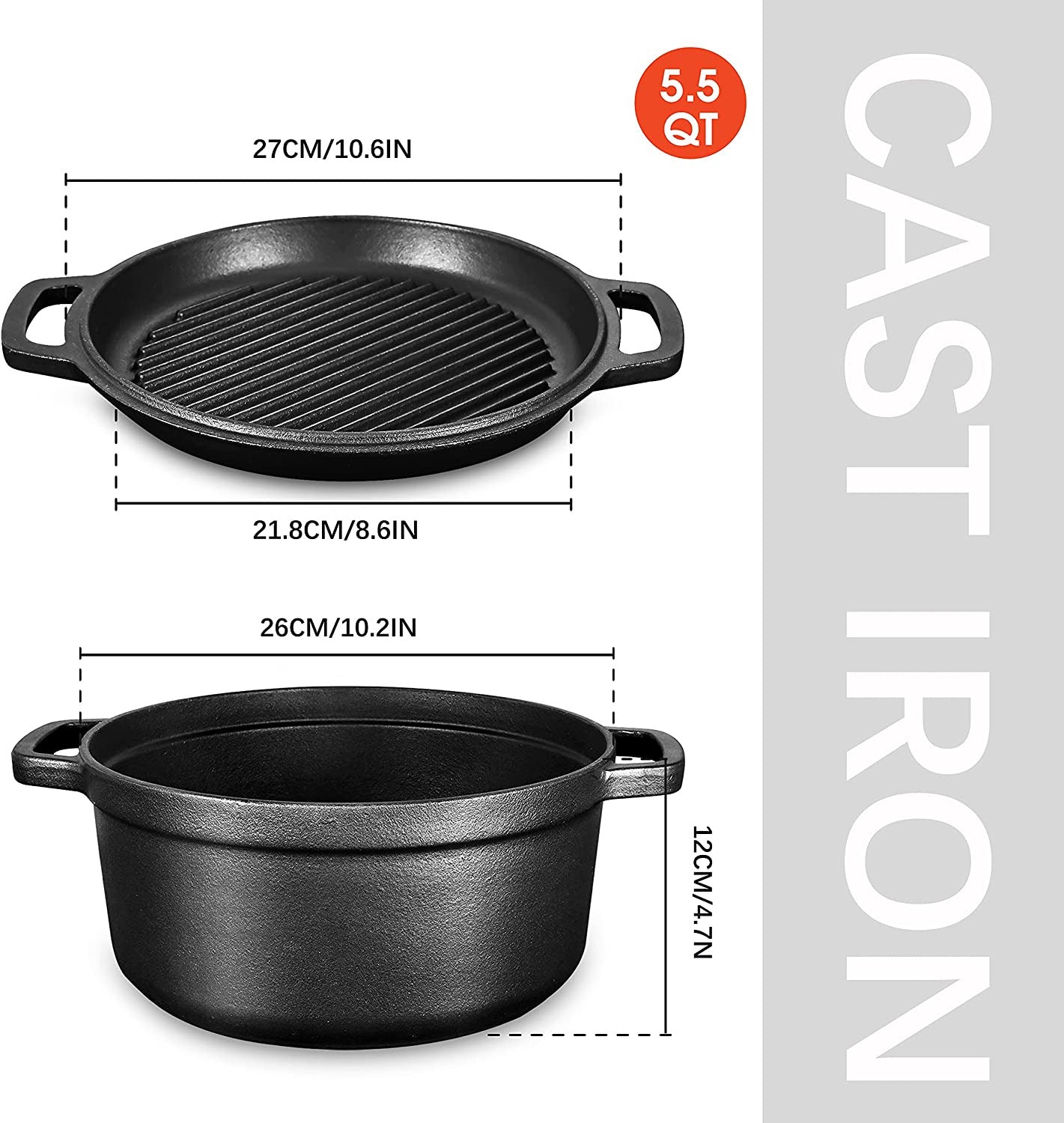 Pre-Seasoned Cast Iron 2-In-1 Heavy-Duty 5.5Qt Dutch Oven with Skillet Lid Set,