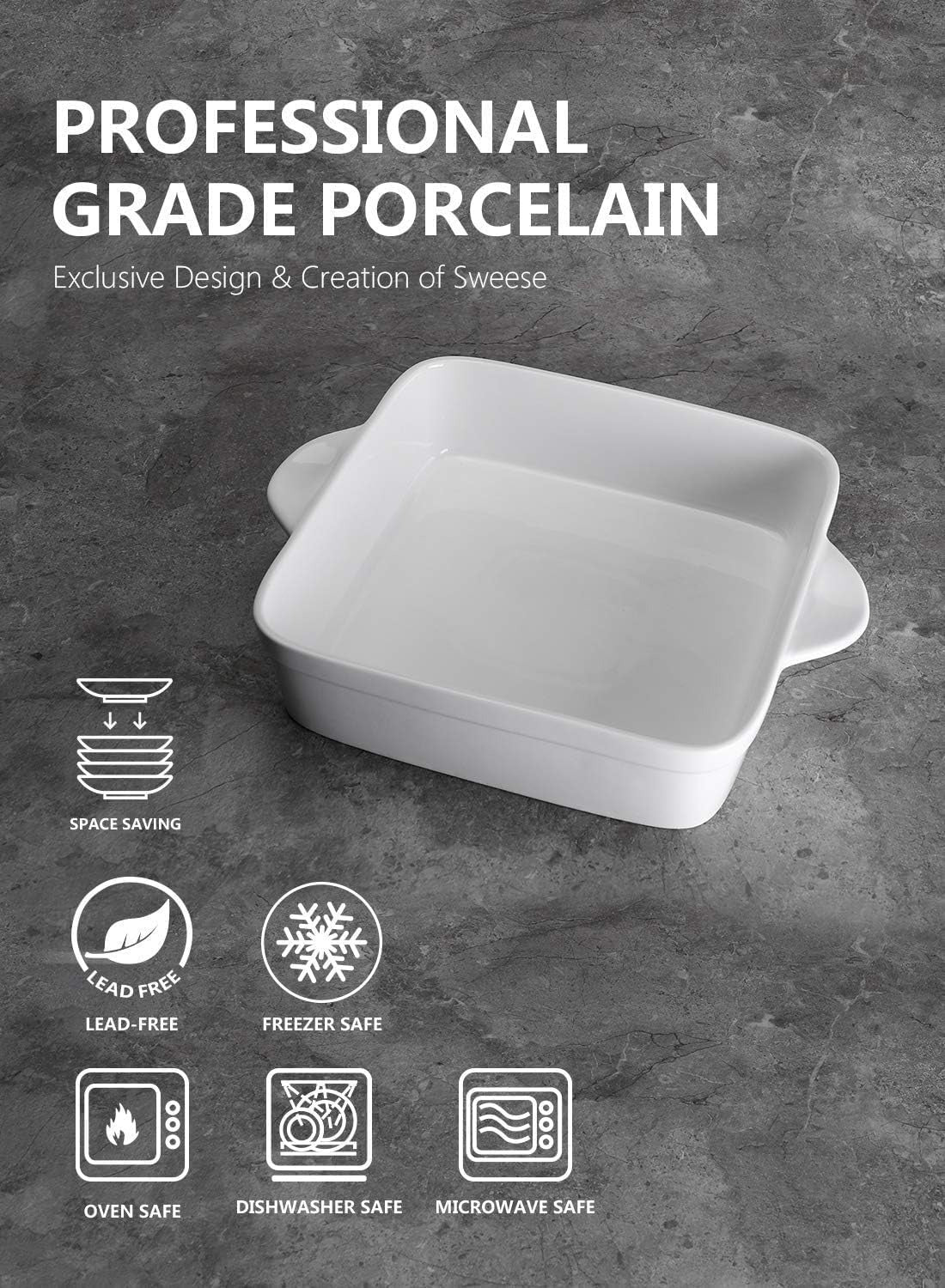 8X8 Inch Square Porcelain Baking Dish with Double Handles - Non-Stick Oven Casse