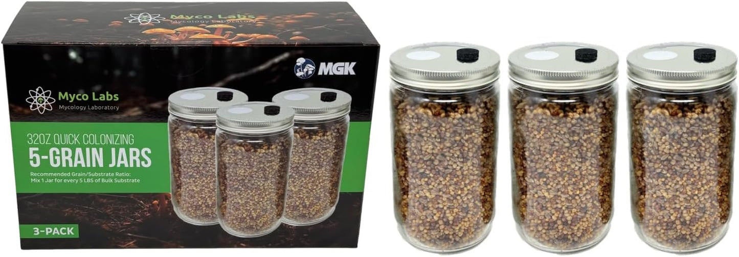 Premium Quick Colonizing 32Oz 5-Grain Mushroom Spawn Jars (3-PACK)