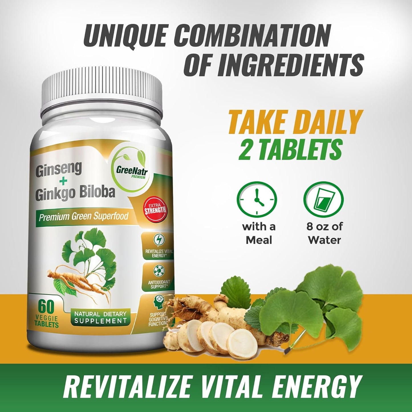 Panax Ginseng and Ginkgo Biloba. Traditional Energy Booster and Brain Sharpener.