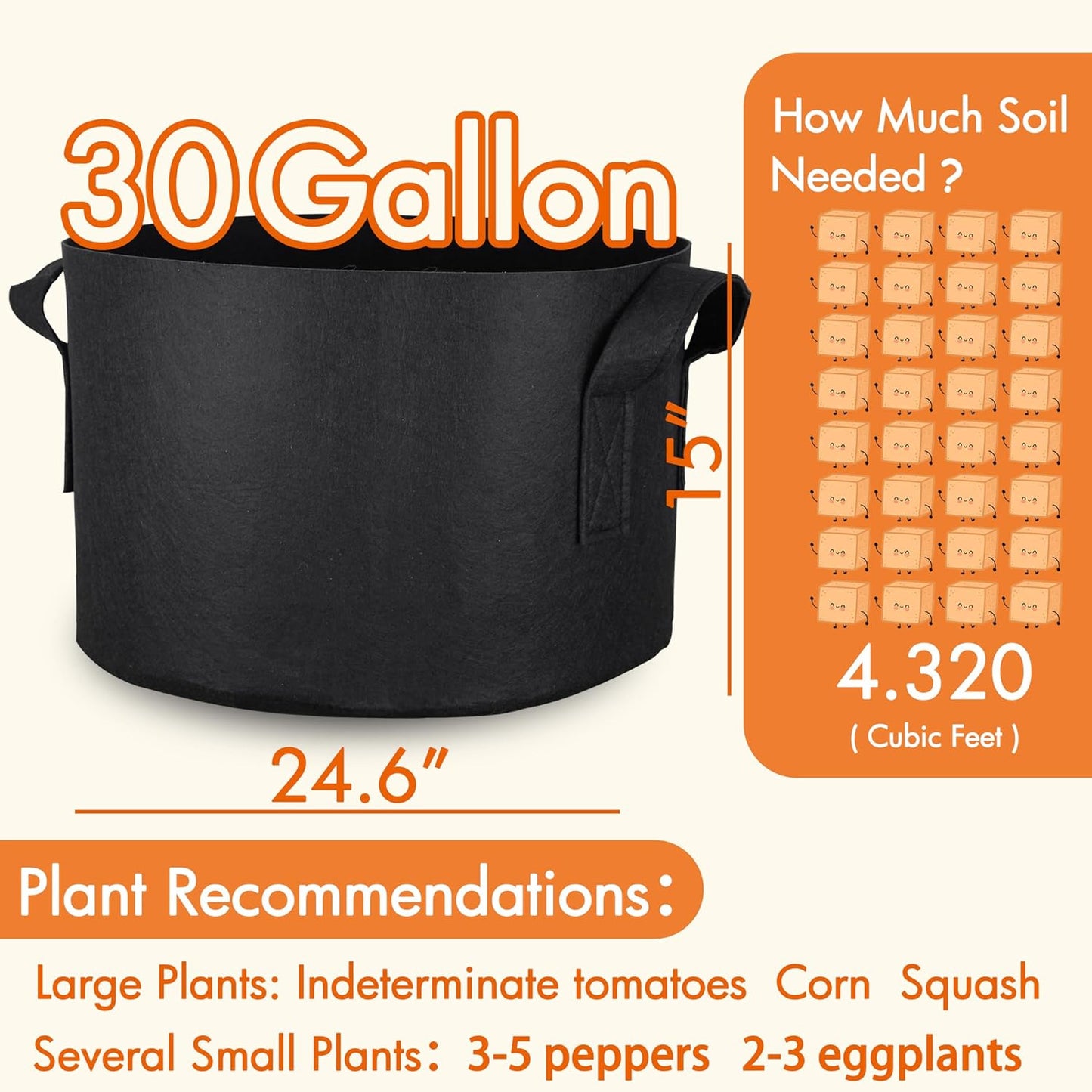 6-Pack 30 Gallon Grow Bags, Aeration Fabric Pots with Handles, Heavy Duty Cloth