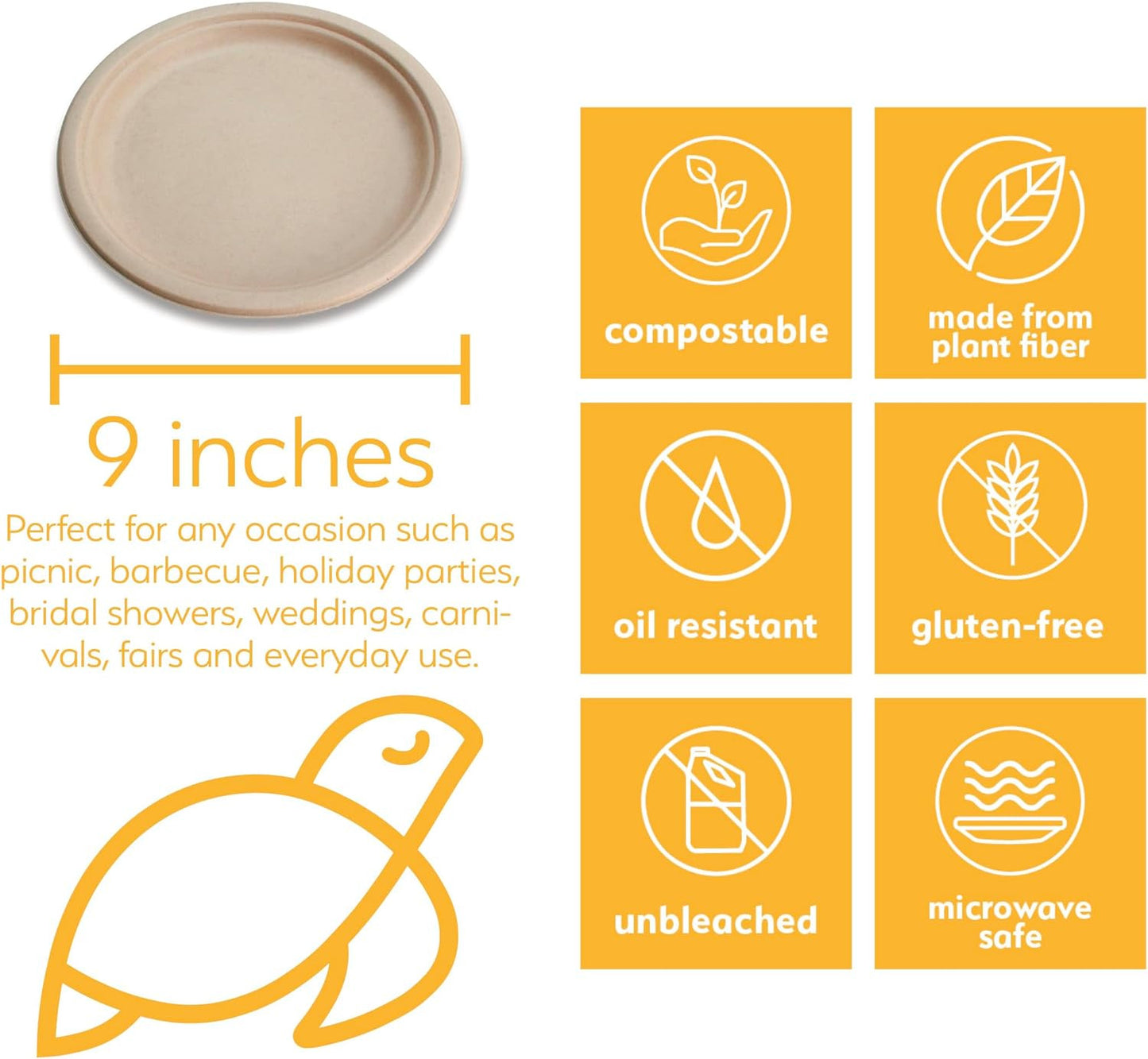 100% Compostable Disposable Paper Plates Bulk [9" 50 Pack], Bamboo Plates, Eco F