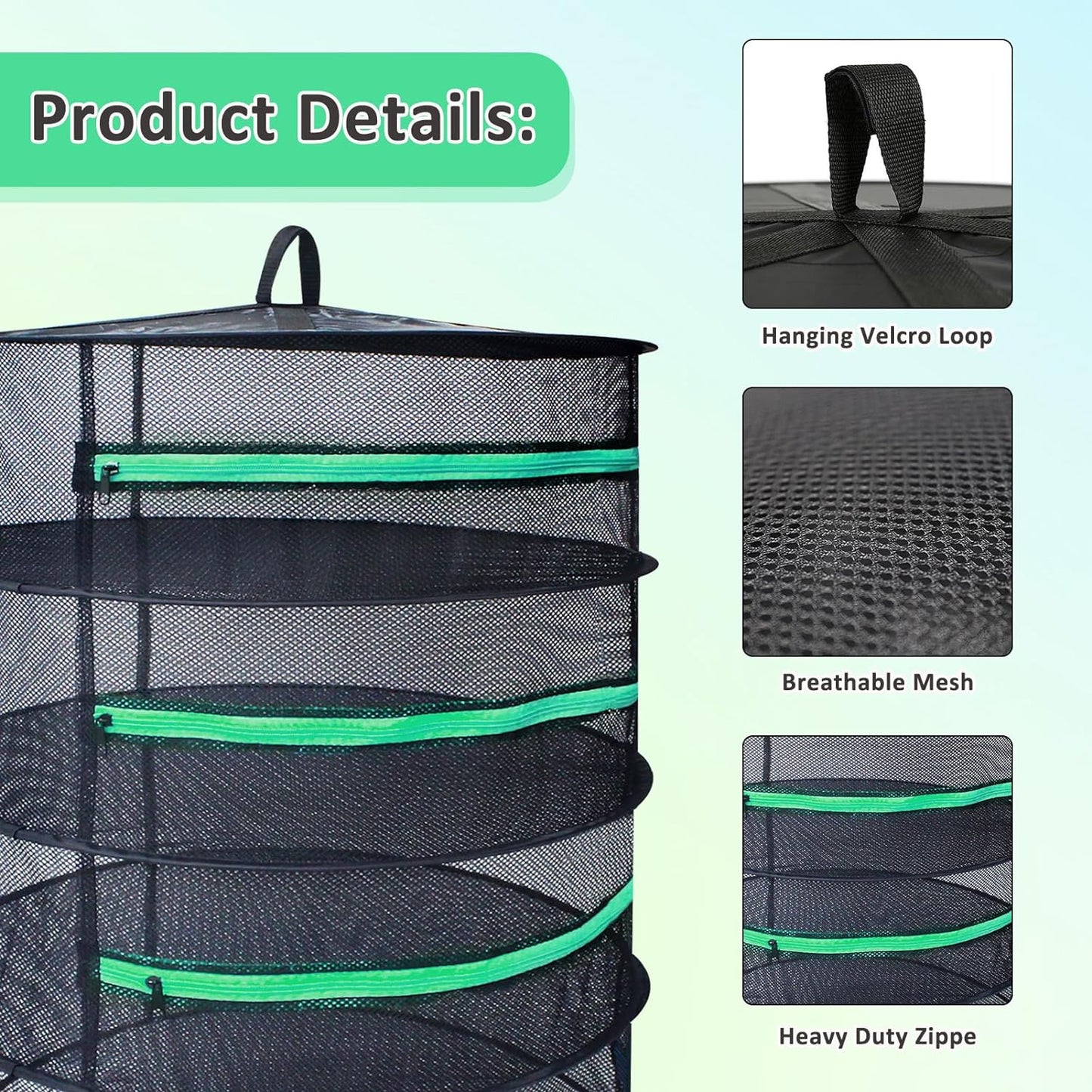 Herb Drying Rack 8 Layer 2Ft Diameter Plant Hanging Mesh Dry Net W/Green Zipper,