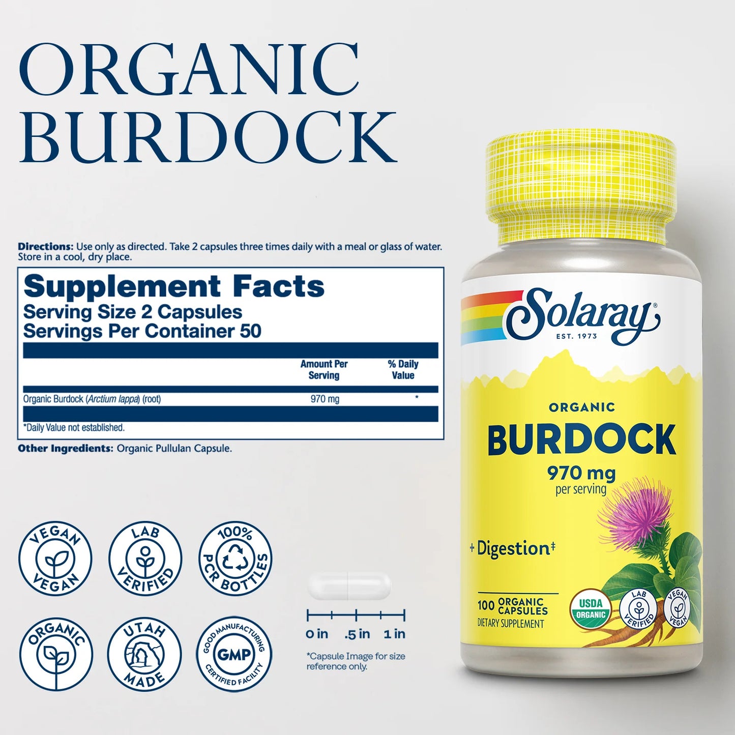 Organic Burdock Root 970 Mg - Digestive Support Supplement - USDA Burdock Root O