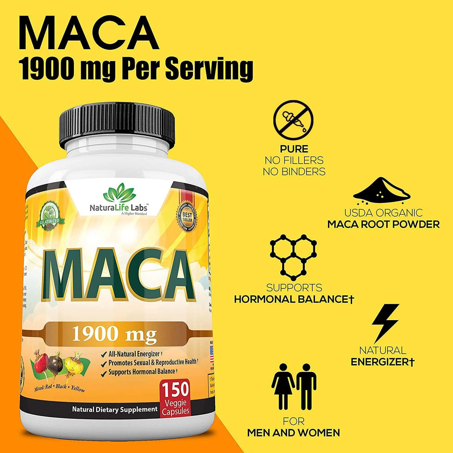 Organic Maca Root Black, Red, Yellow 1900 MG per Serving - 150 Vegan Capsules Pe