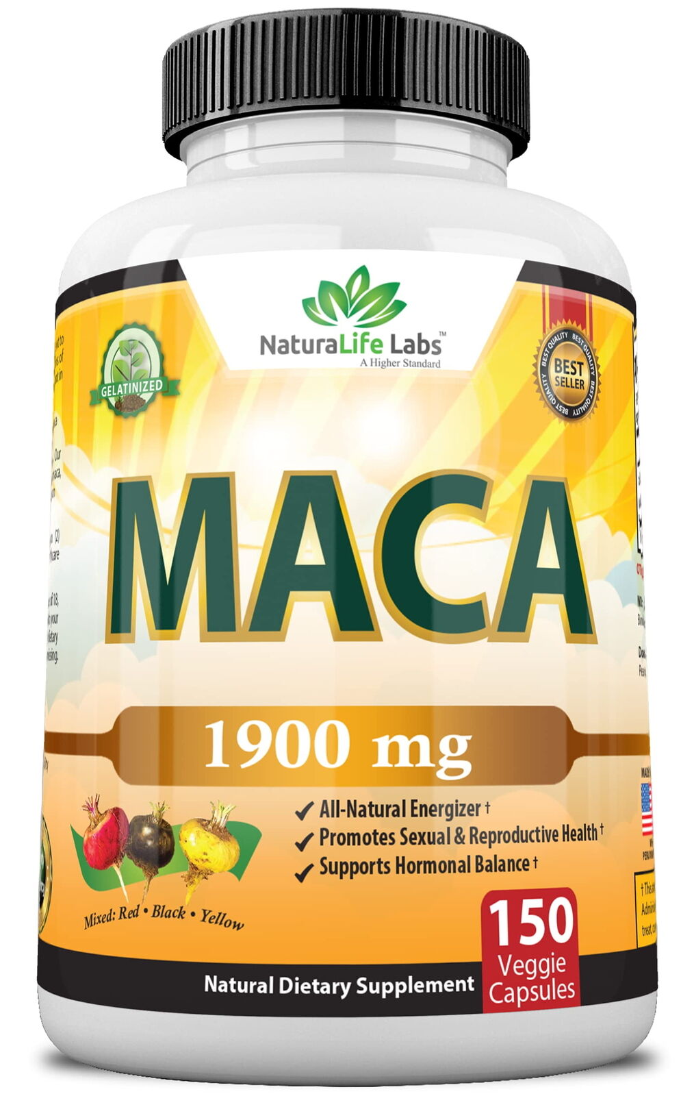 Organic Maca Root Black, Red, Yellow 1900 MG per Serving - 150 Vegan Capsules Pe