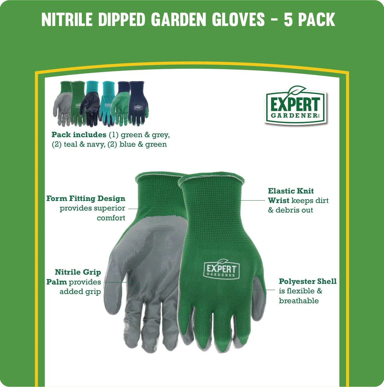 5 Pair Nitrile Garden Gloves, Medium