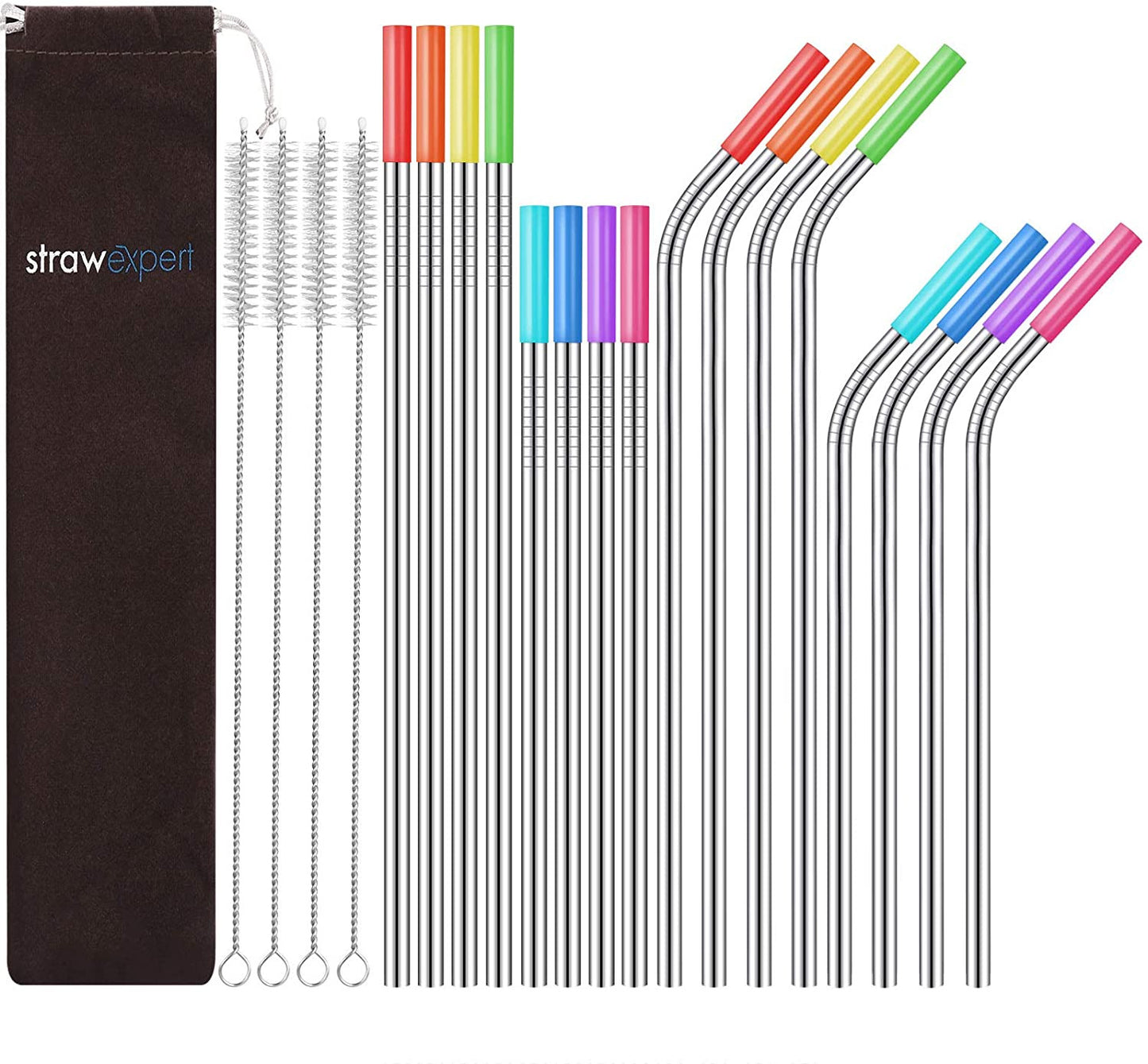 Set of 16 Reusable Stainless Steel Straws with Travel Case Cleaning Brush Silico